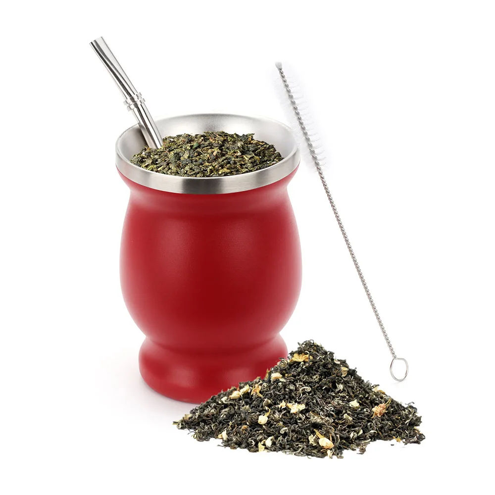 

304 Stainless Steel Double Wall 8oz Yerba Mate Cup Argentine Gourd with Bombillas Cleaning Brush Tea Thermos