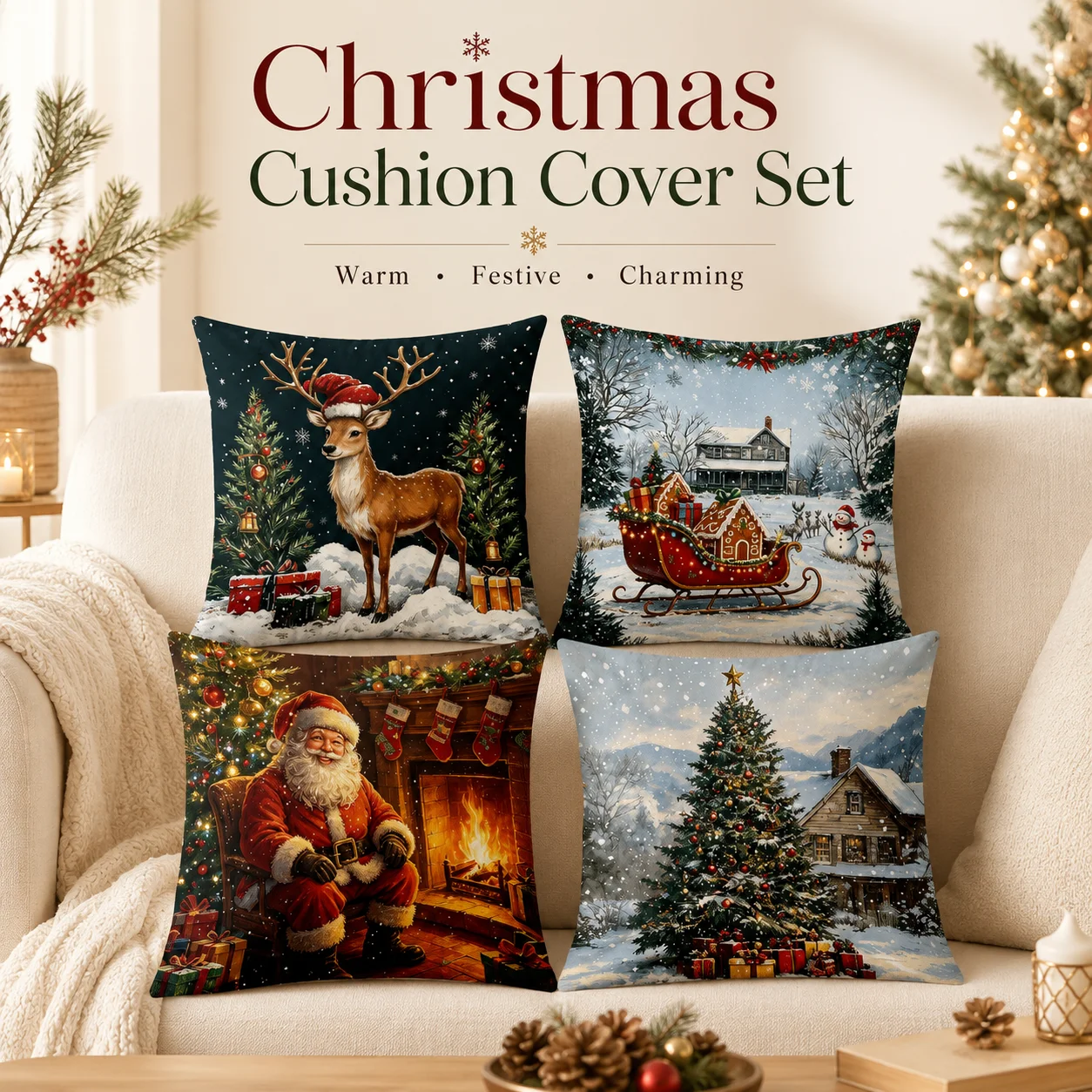 

4Pcs Vintage Christmas Room Decor Cushion Covers Peach Skin 2D Flat Printed Holiday Tree Sofa Coussin Pillowcases 40x40cm