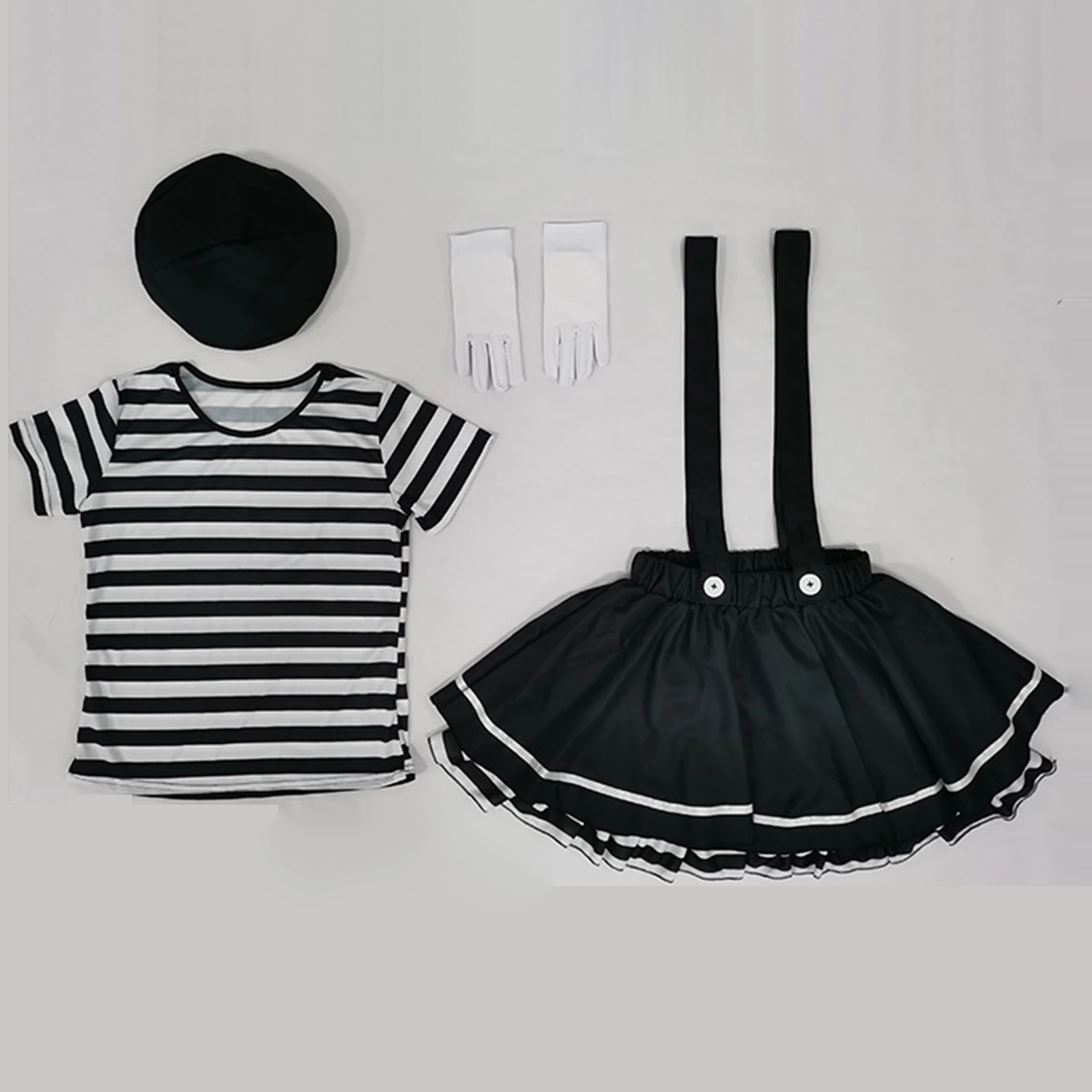 Trajes de palhaço feminino preto branco listrado topos suspender saia luvas e chapéu conjunto halloween cosplay outfit