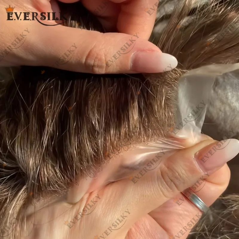 

100% European Human Hair #4#7 Light Brown PU 0.2MM Ultra thin Mens Toupee #610#620 Ash Brown Piece Male Prosthesis Hair Units