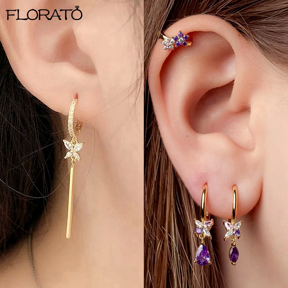 925 Sterling Silver Ear Needle Cute Crystal Butterfly Pendant Hoop Earrings for Women Colorful Flower Earrings Fashion Jewelry