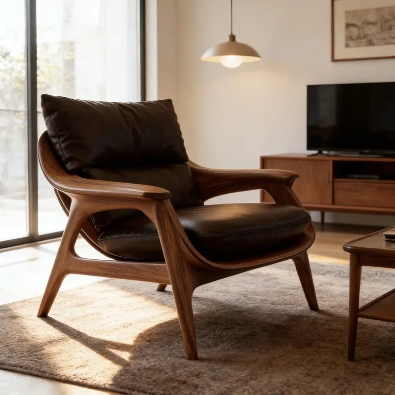 

#Black Walnut Real Leather Leisure Chair Light Luxury High End Homestay Model Room Home Leisure Chair