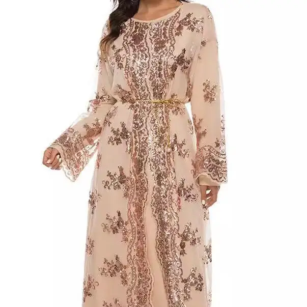 

Turkish Middle Eastern Muslim New-style Embroidered Long Dress, Dubai Abaya Ladies' Simple Elegant Flared-sleeve Dress Robe