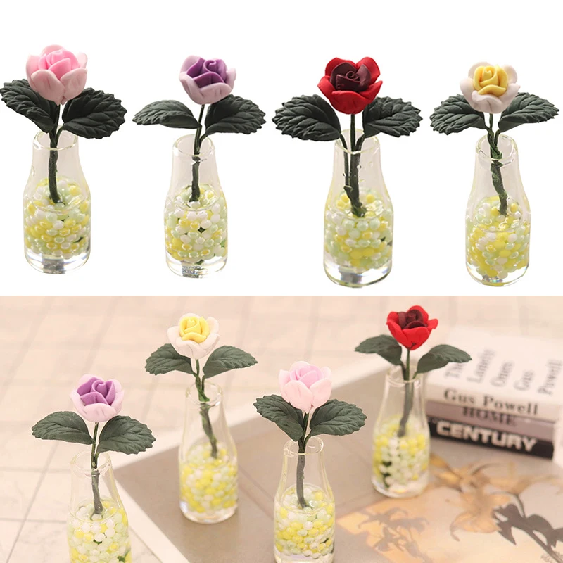 1:12 Dollhouse Miniature Rose Flower Vase Mini Flower Pot Flower Arrangement Potted Plant Living Room Balcony Garden Decor Toy