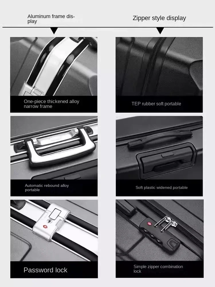 High Quality Suitcase Zipper Travel Bag with Wheels Trolley Case Password Lock Carrry-on Luggage Aluminum Frame 20 24 28 Inch