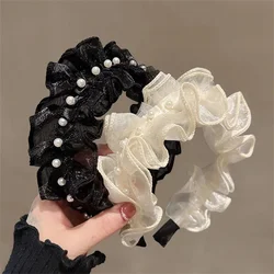 Fashion Princess Ruffles Pearl Hairbands Elastic Flower Women Hair Hoop Bands Headband Bezel Girls Hair Accessories Headdress