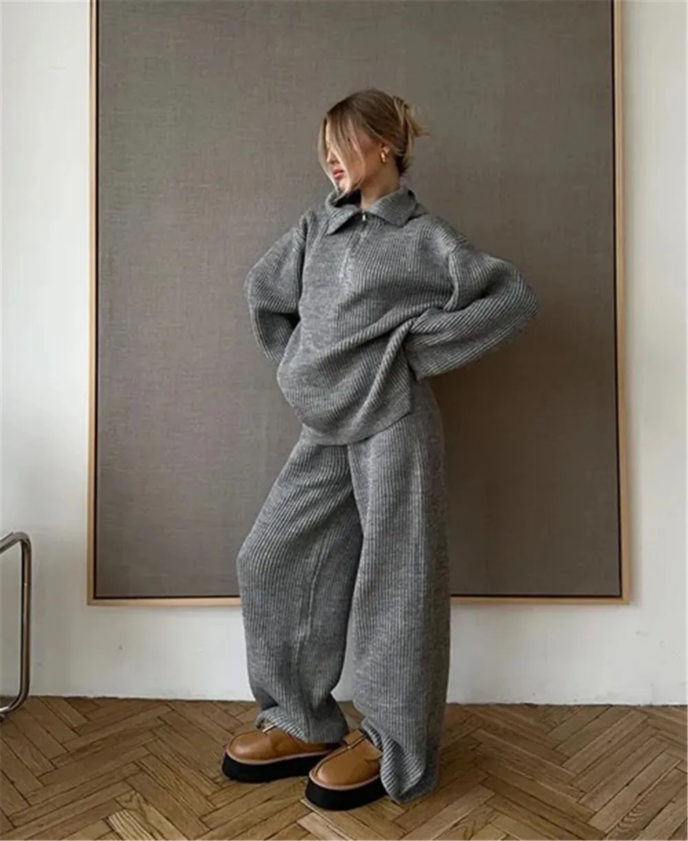 Solid Knitted Loose Wide Leg Pants Sets Autumn Turndown Collar Long Sleeve Zipper Sweater Streetwear Fashion Casual 2 Piece Set