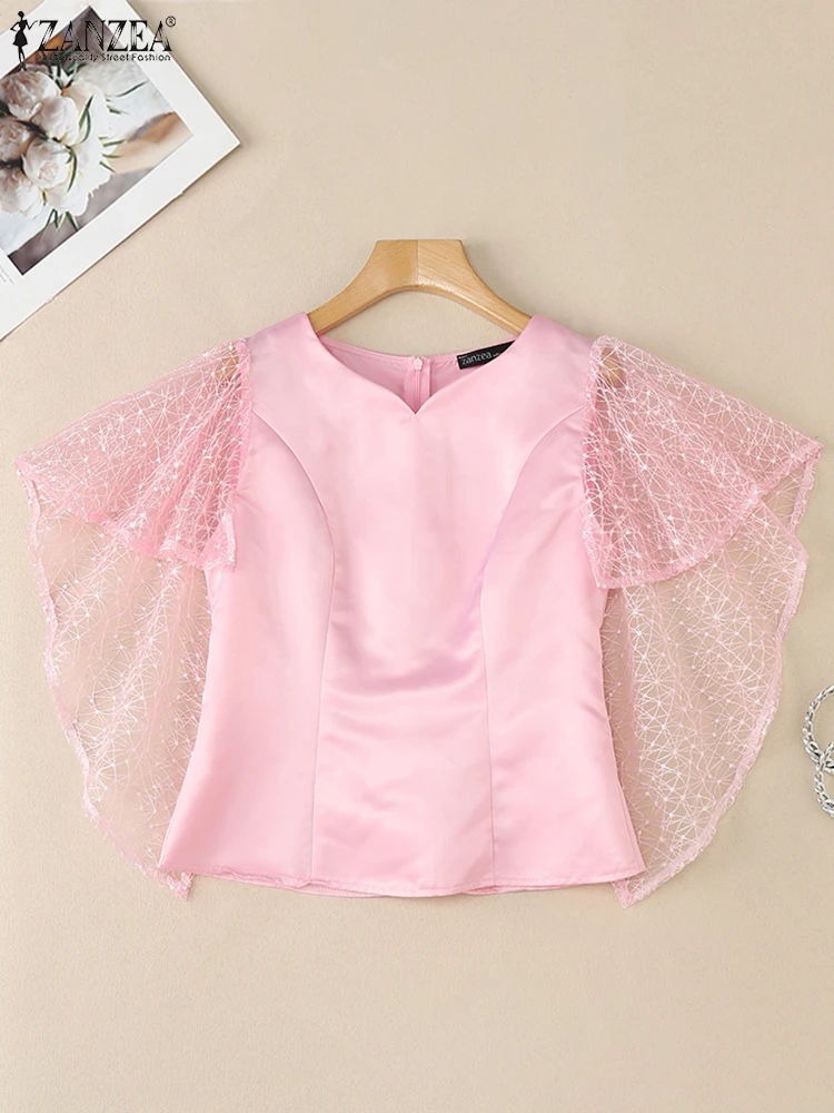 

2025 ZANZEA Elegant V Neck 3/4 Sleeve Office Satin Blouses Summer Women Tops Stylish Lace Patchwork Shirt Female OL Work Chemise