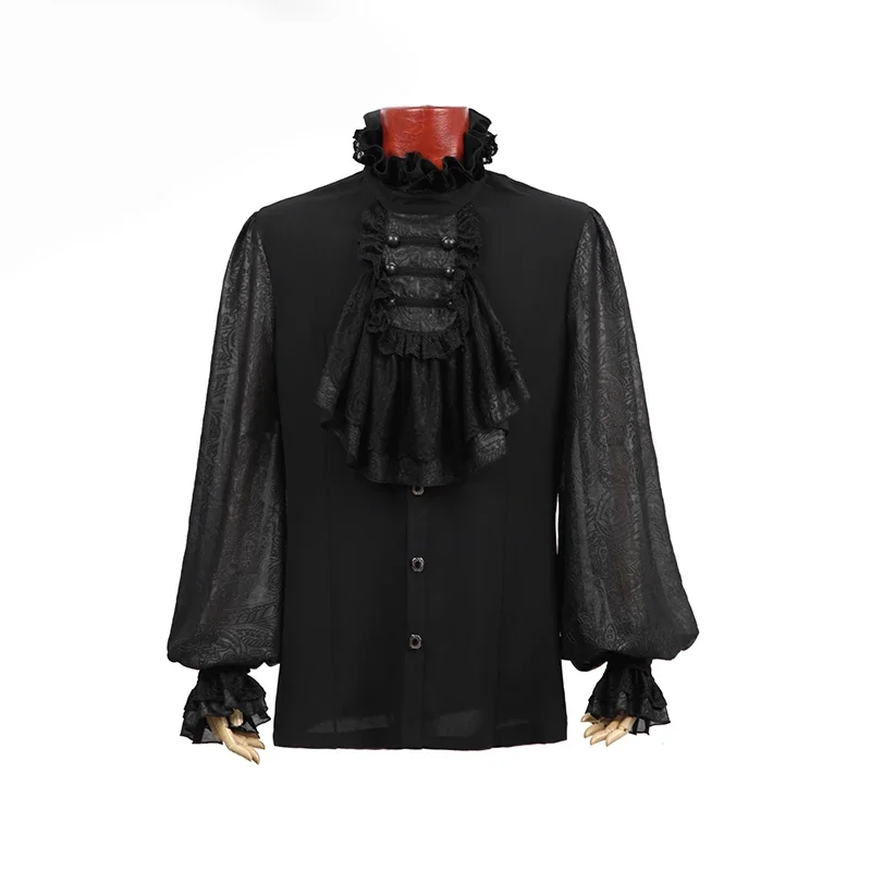 PUNK RAVE Gothic Black White Soft Lace High Stand Collar Stage Chiffon Men Shirt Male Long Sleeve Embossing Blouse Turtle Button