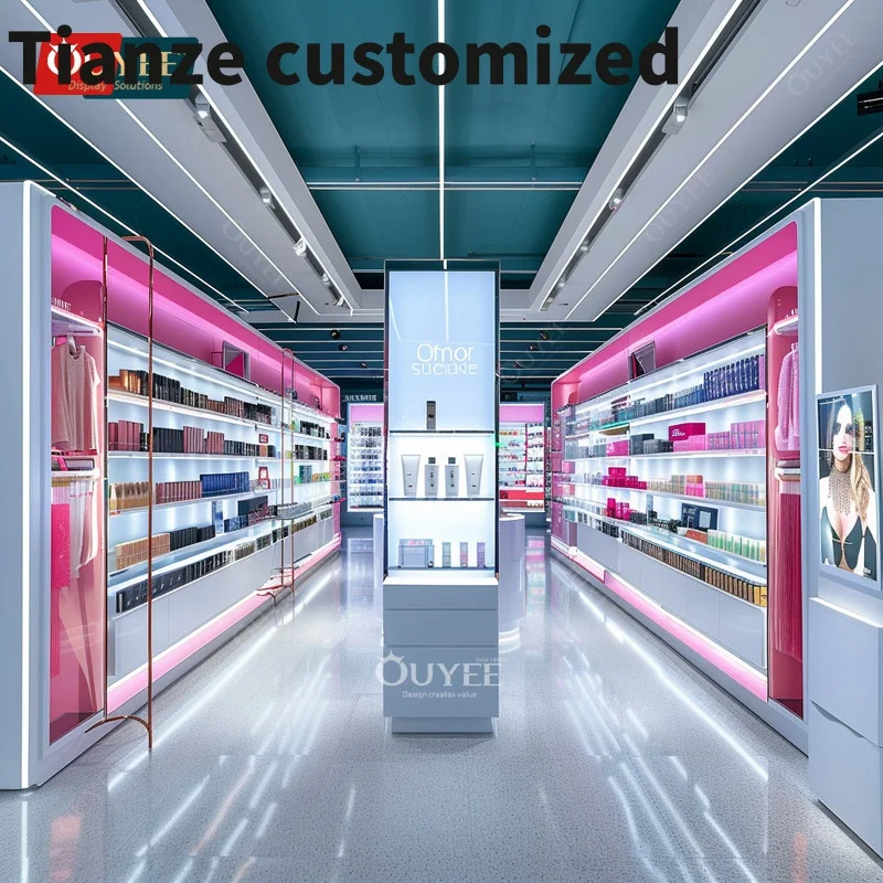 

Customized-New Decoration Cosmetics Display Showcase Led Perfume Display Stand Wig Wall Display Beauty Shop Interior