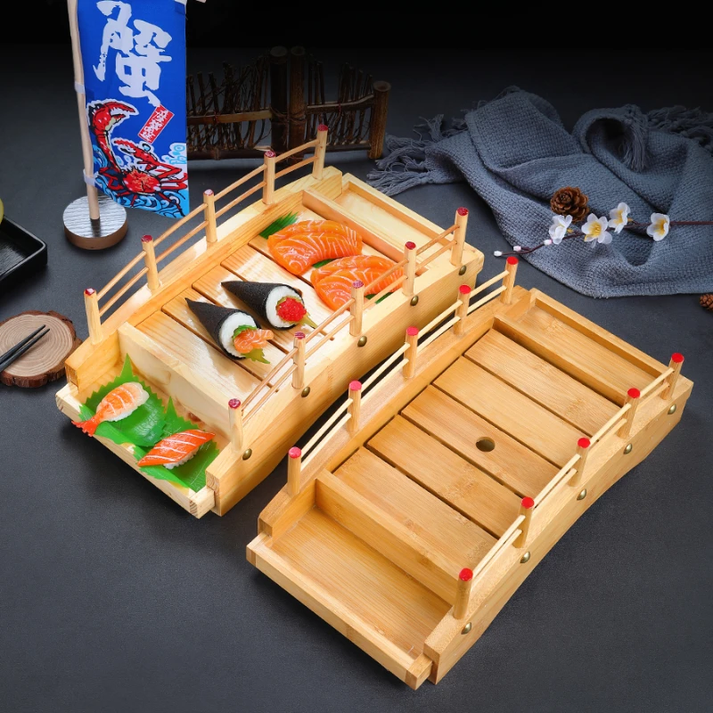 

Japanese sushi boat bamboo boat Wooden boat bamboo arch bridge tableware Sashimi platter Dry ice platter sushi plate