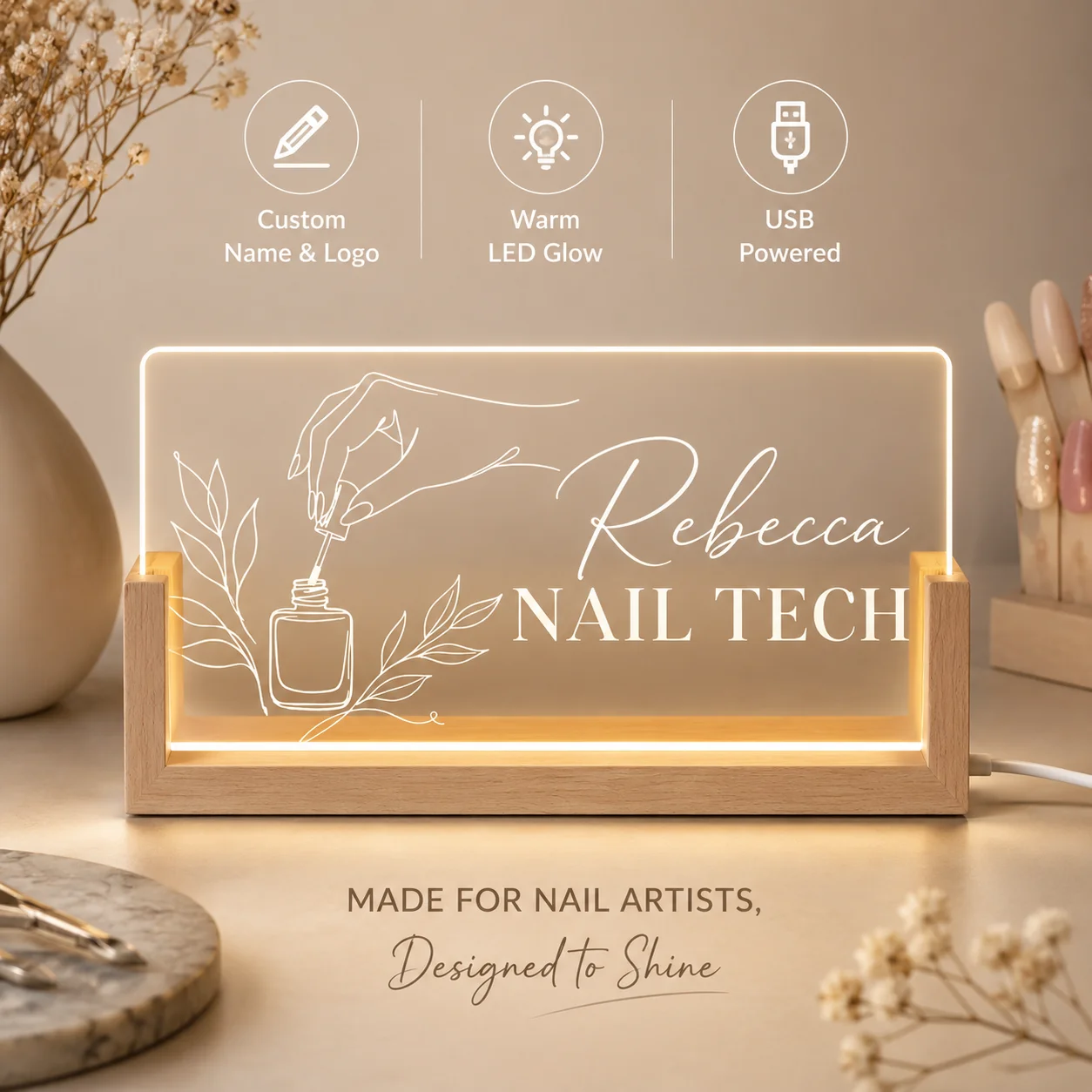 

Custom Acrylic Desk Name Plate Nail Stylist Personalized Night Light Nail Tech Gift Manicurist Office Decoration Salon Logo Sign