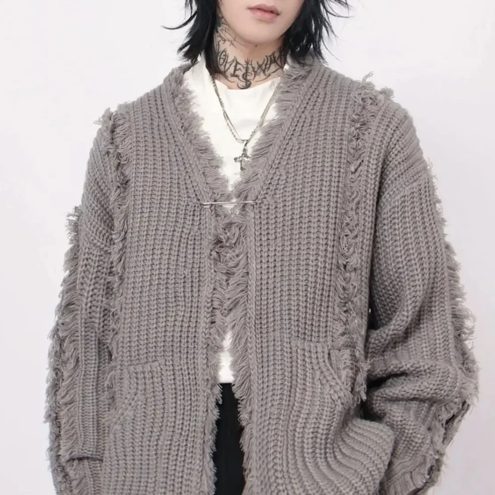 Y2k Mens Sweater Irregular Tassel Design Knitted Jacket Autumn Casual Versatile Atmosphere Solid Color Top Men\'s Clothing Unisex