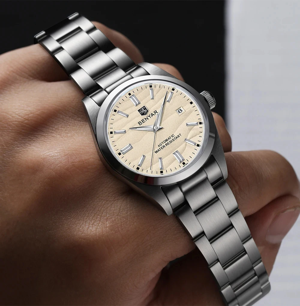 BENYAR luxury brand 40MM sand grain dial men's watch, stainless steel 50 meter waterproof automatic mechanical watch view 4