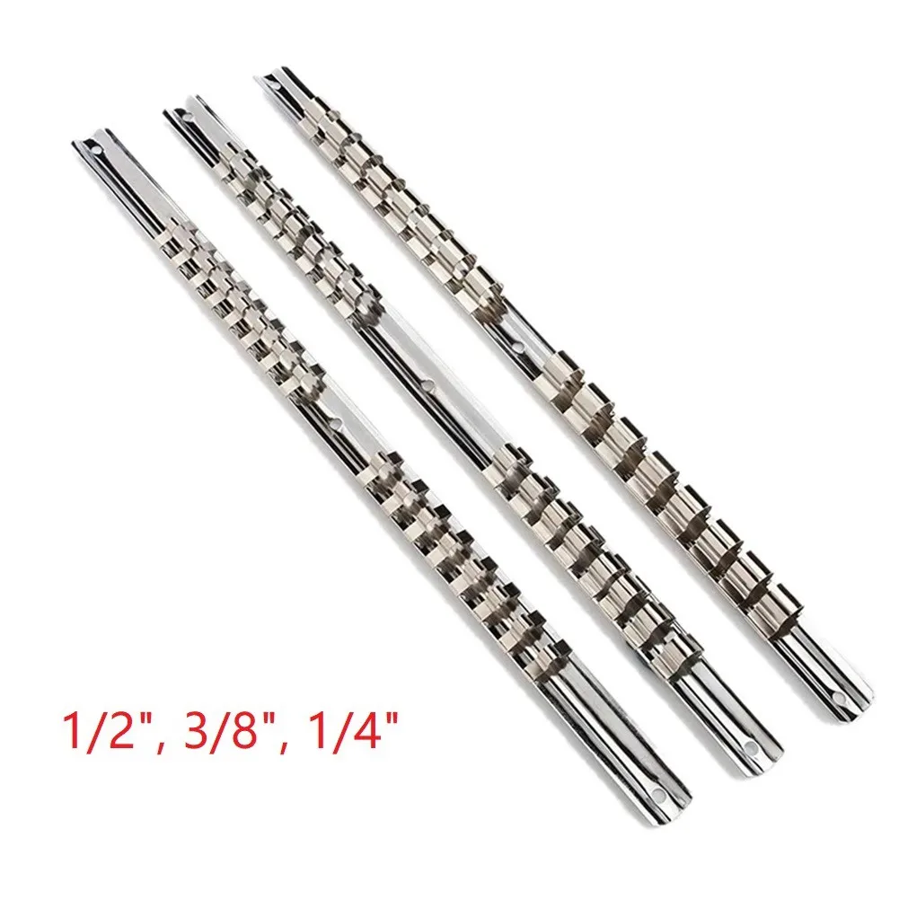 

Stainless Steel Socket Rack Holder 1/4in 3/8in 1/2In With 16 Clips Rail Tool Organizer Storage For Home Industrial Garage