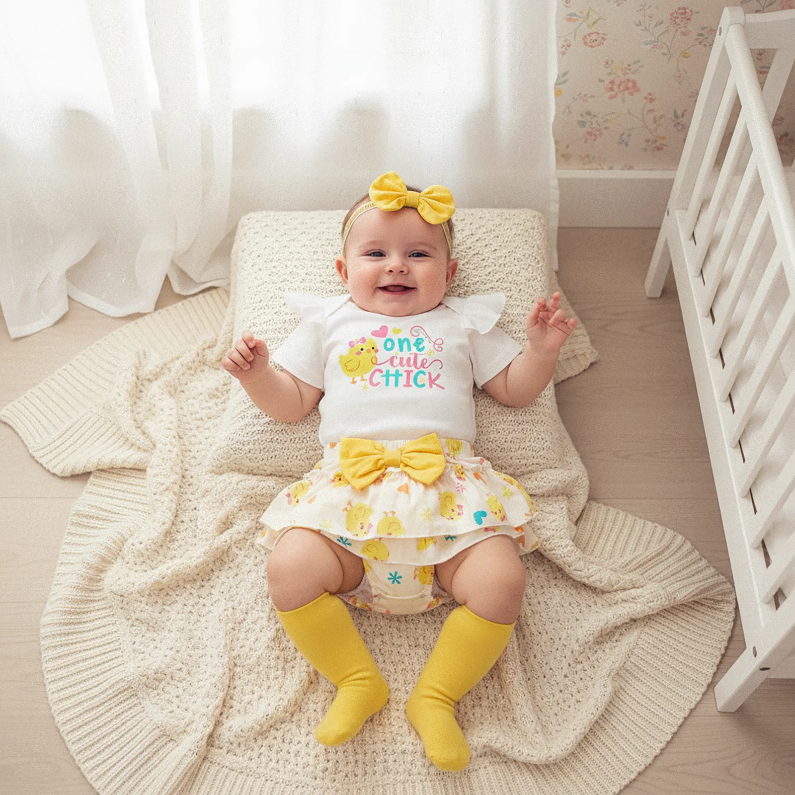 

Летние наряды для маленьких девочек, комбинезон с короткими рукавами и круглым вырезом с буквенным принтом, шорты, повязка на голову с бантом, длинные носки