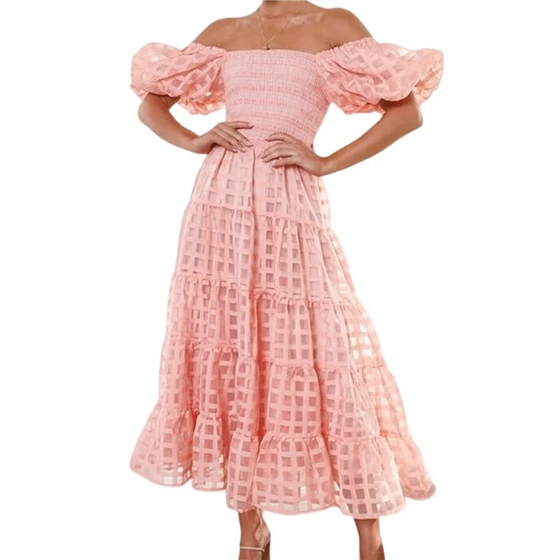 A83F-Vestiti lunghi maxi da donna a maniche corte gonfie con scollo quadrato e smock a strati