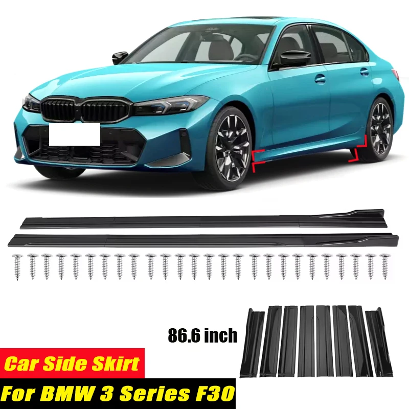 For BMW 3 Series F30 Racing Style Side Skirts 86.6Inch 2.2M Rocker Panels Side Lip, ABS 8Pcs Glossy Black Car Body Kit