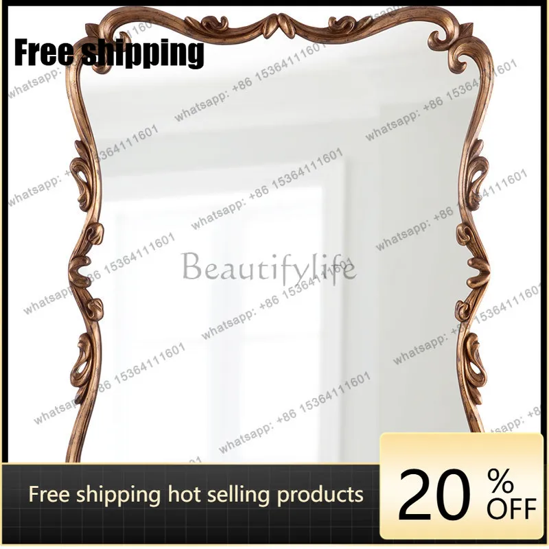 Vintage bedroom carved dressing mirror, square entryway wall decoration mirror