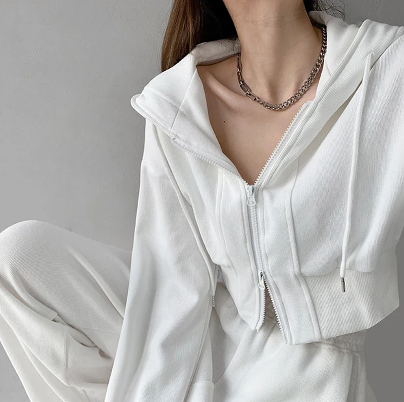 Women Cropped Hoodie Two Way Zipper Jacket Drawstring Hem Sweatshirt Slim Fit Long Sleeve Grey Athletic Yoga Gym Running Top