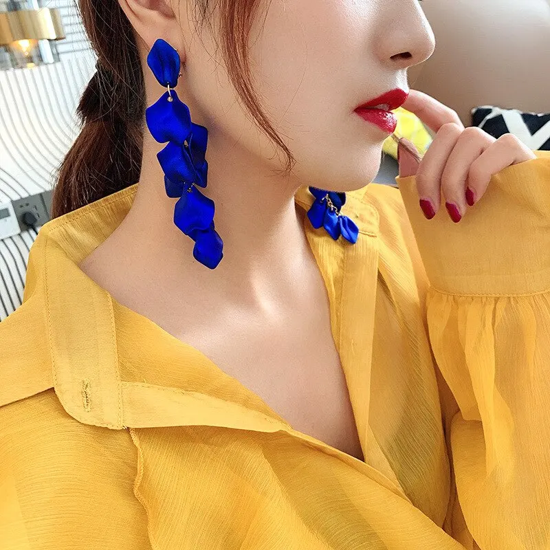 Bohemian Rose Petal Earrings Flower Red Yellow Blue Colors Flower Drop Earrings Long Tassel Earrings Party Wedding Jewelry B