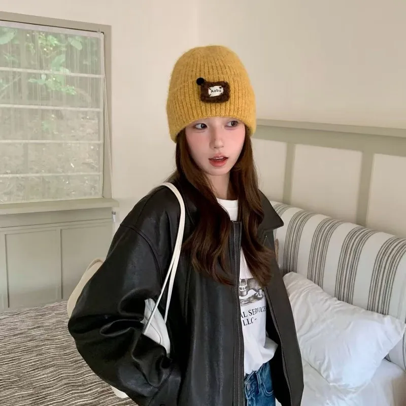 2026 Autumn Winter Women's Hat Label Knit Beanie - Ear Covering Warm Face Slimming Cold Weather Cap Female