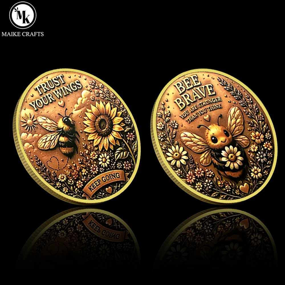 Bee Brave Inspirational Challenge Coin Trust Your Wings Sunflower Motivational Collectible Keepsake Gift for Women Friends