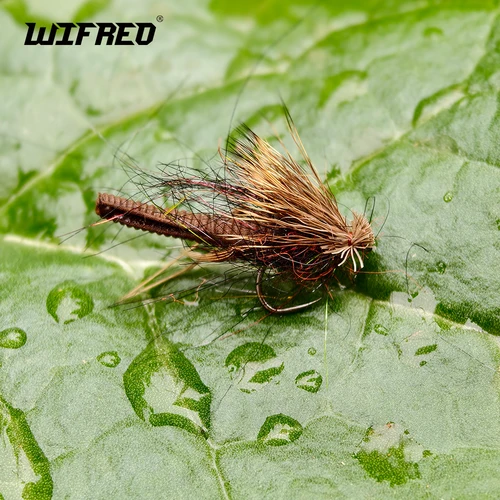 Wifreo 4/6 piezas # 12 # 14 # 16 espuma trasera pelo de alce marrón Caddis mosca sin púas pesca con mosca moscas secas Mayfly trucha Grayling señuelo cebo