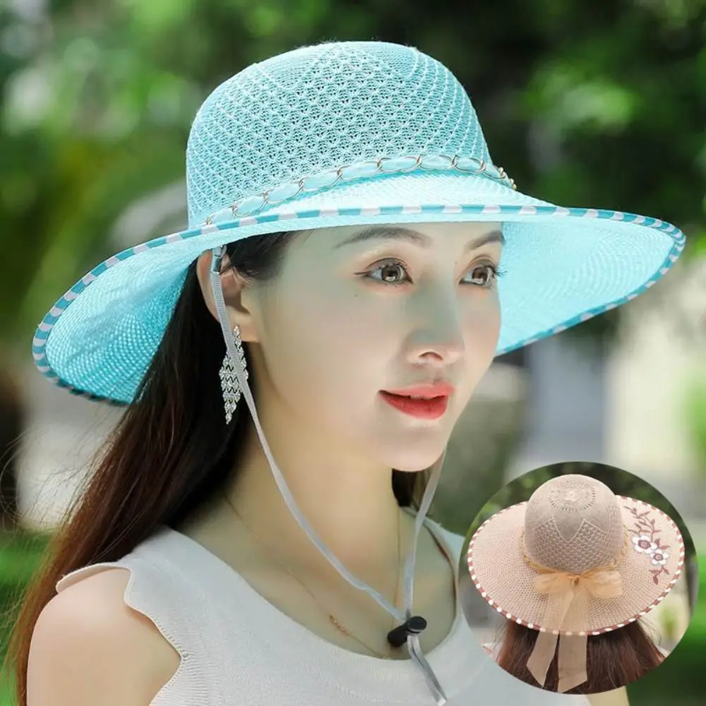 Шляпка женская Соломенная с широкими полями, модная пляжная Регулируемая Панама с защитой от УФ излучения, дышащая Складная в Корейском стиле