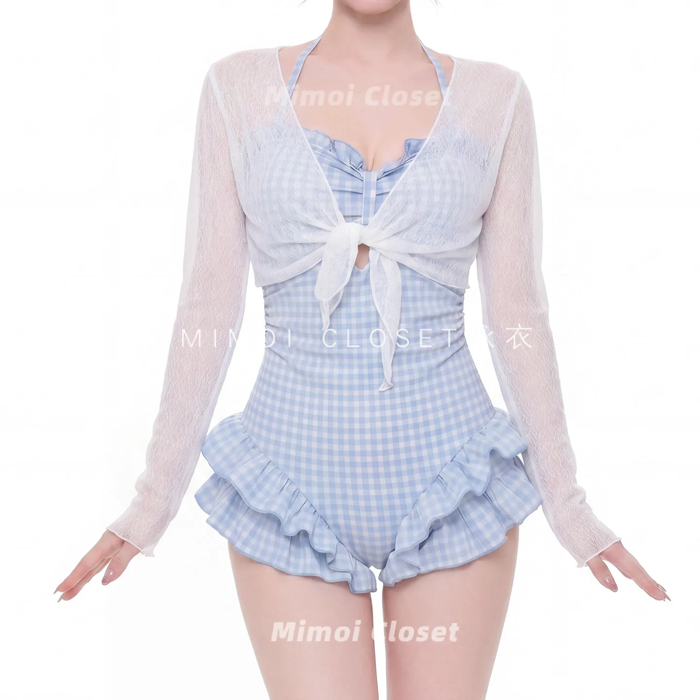 2026 Summer New Blue Plaid Suspender Cute High-end Hot Spring One-piece Swimsuit Women's Bathing Suit Women