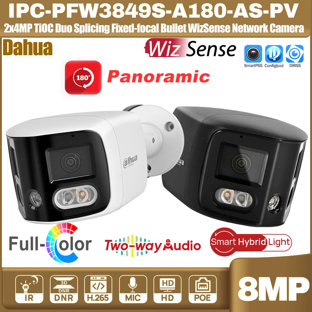داهوا IPC-PFW3849S-A180-AS-PV 2x4MP 180 °   TiOC Duo الربط كاميرا شبكة مراقبة رصاصة بؤرية ثابتة 8MP إنذار الصوت والضوء اتجاهين الصوت