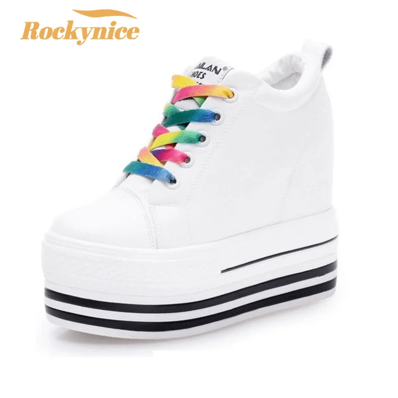 

2023 New 12CM Heels Wedge Canvas Shoes Woman High Platform Sneakers Vulcanized Shoes Hidden Heel Height Increasing Casual Shoes