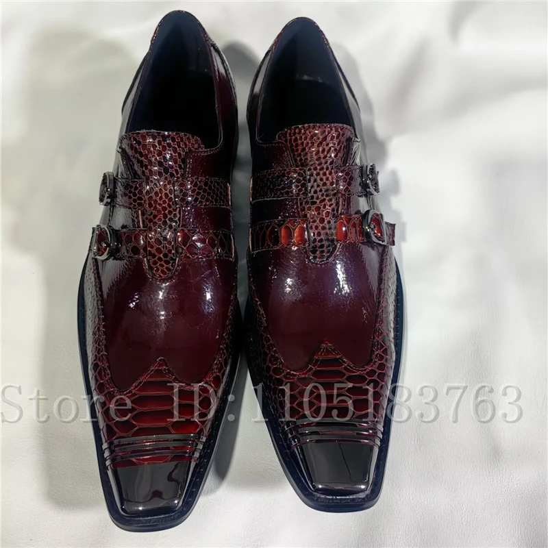 Men Wine Red Crocodile Pattern Double Buckle Dress Shoes, Square Toe Buckle Formal Loafers for Wedding Party Business Office view 4