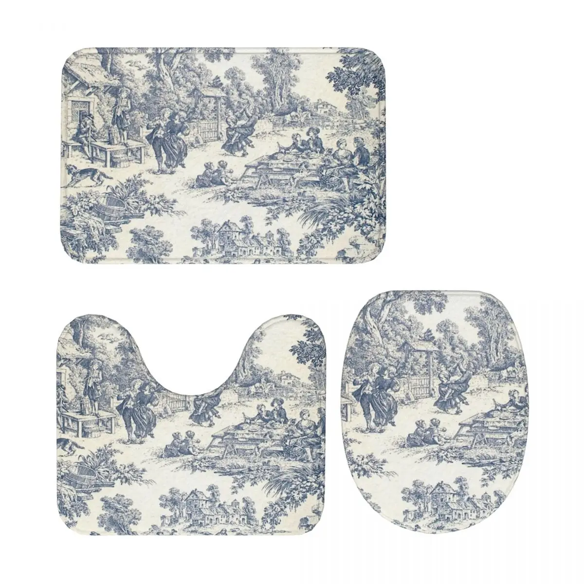 

Toile De Jouy номер 2, 3-х предметный коврик для ванной, набор для ванной комнаты, крышка для унитаза, домашний декор, нескользящий ковер, напольный коврик