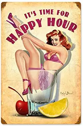 Vintage Style Metal Tin Sign Pinup Girl Happy Hour Home Kitchen Cafe Office Wall Decor -aluminum