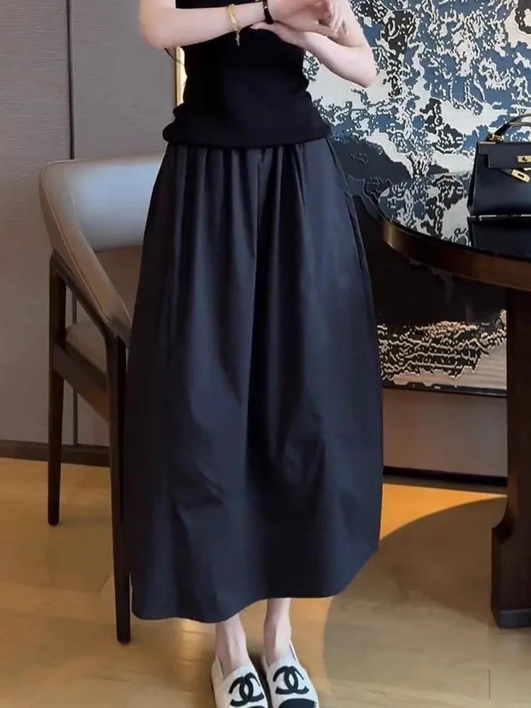 

Bla Pleated A-Line Midi Skirt Women's Summer 2025 Simple plus Size High Waist Slimming f-length Flower Bud Skirt