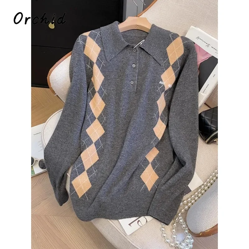 Casual Vintage Geometric Print Knitting Long Sleeve Women's Pullovers 2024 Winter Fashion Ladies Loose Female Sweater Grey Top