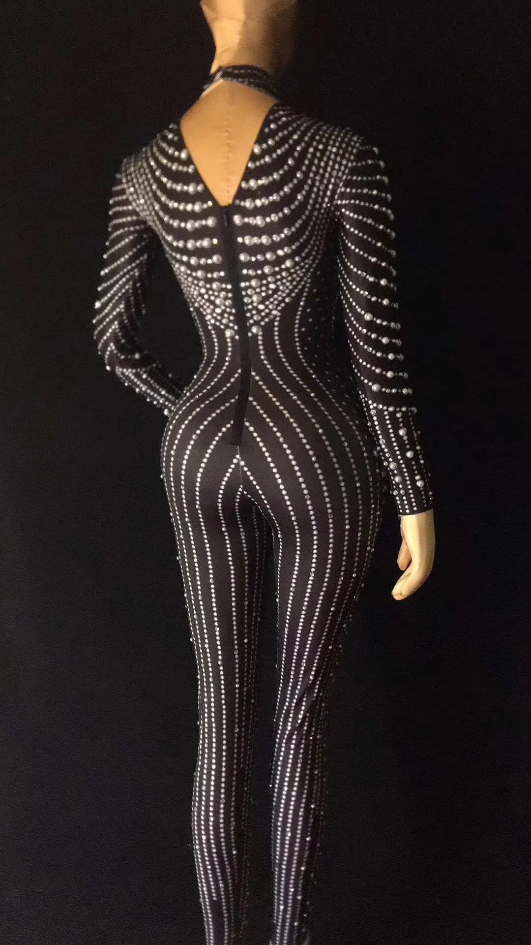 Black Shining Pearls High Neck Long Sleeves Sexy Jumpsuits For Women Nightclub DJ Stage Singer Perform Drag Queen Costumes