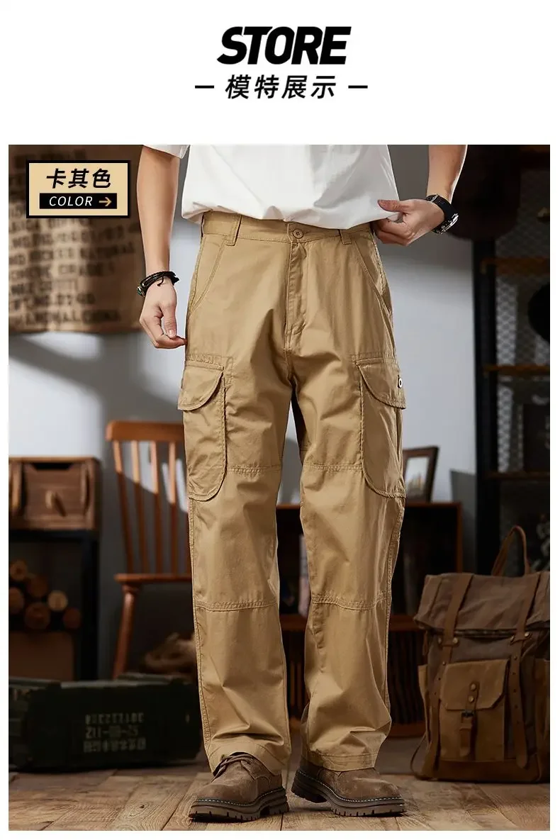 

100 Cotton Men's Cargo Pants Straight Leg Fly Zipper Work Trouser Male Multi Pocket Trendy Wide Baggy Loose Fit Outdoor Khaki