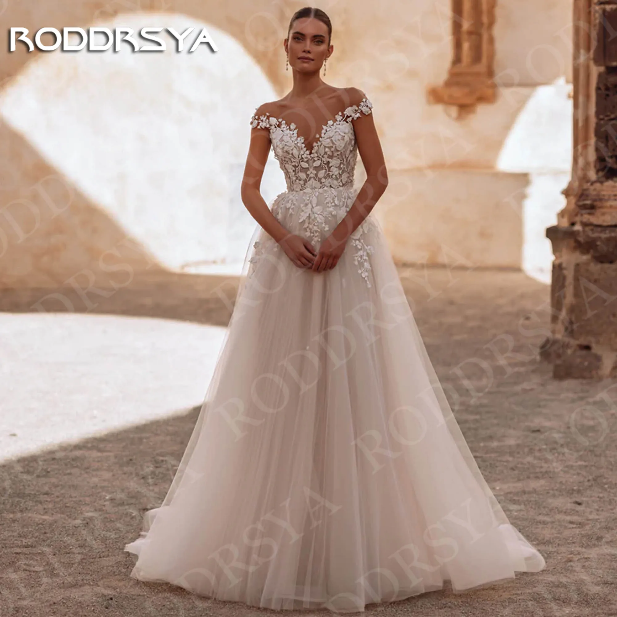 

RODDRSYA A Line Vintage Wedding Dress vestido de novia boda Romantic Open Back Tulle Lace Applique Bridal Dresses Customized