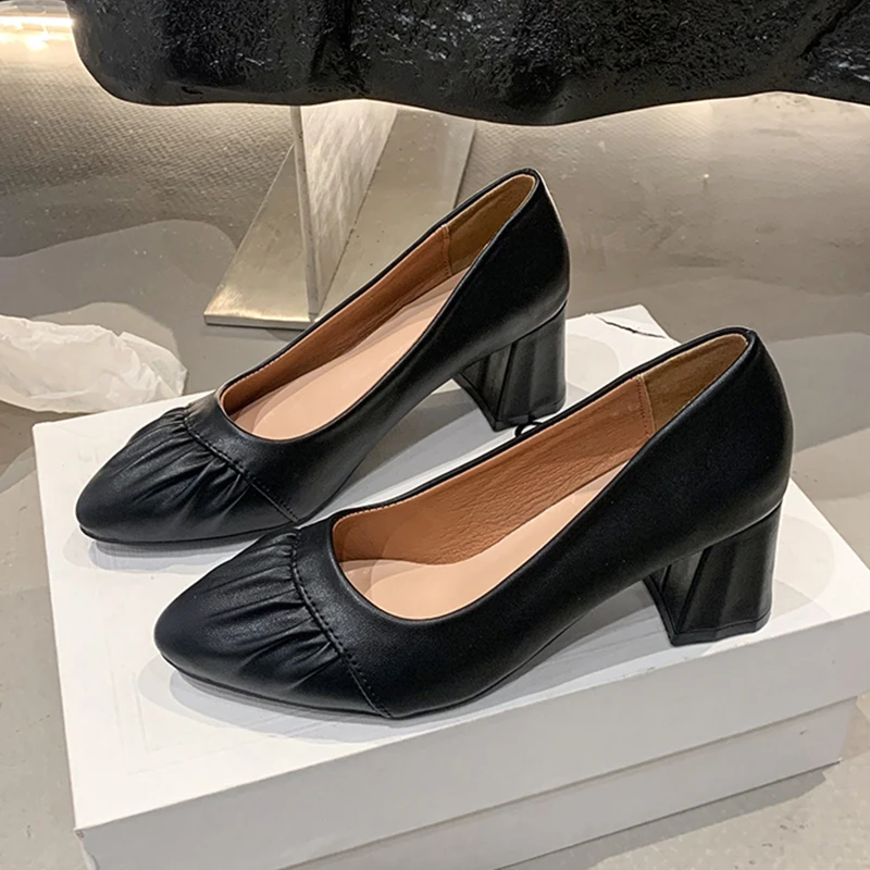 

Women Pointed Toe High Heels Shoes Pleated Sandals 2025 Summer Work Chunky Leather Shoes Brand Dress Women's Pumps Zapatos Mujer