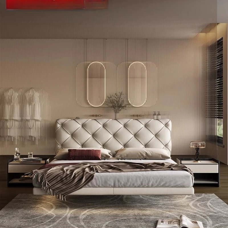 Leather 200×180cm Beds Double Luxury Backrest White Modern Adults Bed Bedroom Cabinets Floating Camas De Dormitorio Furniture