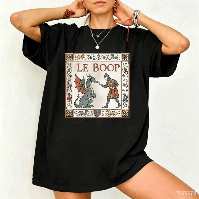 Le Boop Medieval Knight Dragon T-Shirt Funny Vintage Fantasy Tee Casual Round Neck Printed Tshirts Unisex Streetwear Clothing