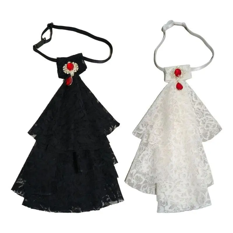 A52E Elizabethan Faux Collar Costume Colonial Lace Jabot Ruffled Crystal Detachable Necktie Party Props for Women