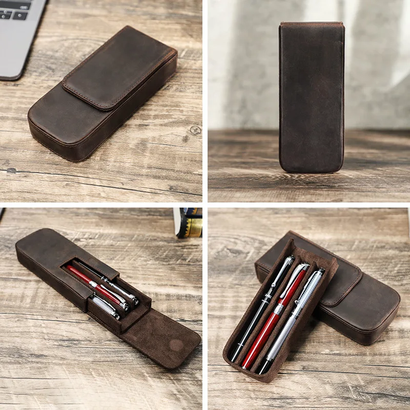 Crazy Horse Leather Pen Pouch, 3 Pens Handmade Magnetic Drawer Pen Storage Box In Stock Stationery Gift