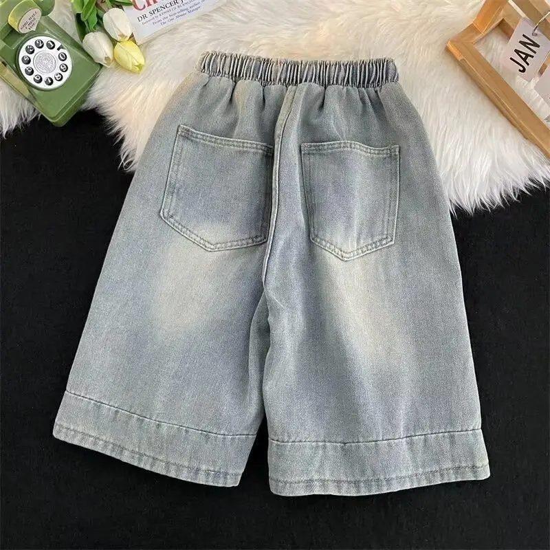 Celana Pendek Denim Biru Huruf Musim Panas Pria Celana Serut Serbaguna Fashion High Street Amerika Celana Panjang Pribadi Longgar Kasual