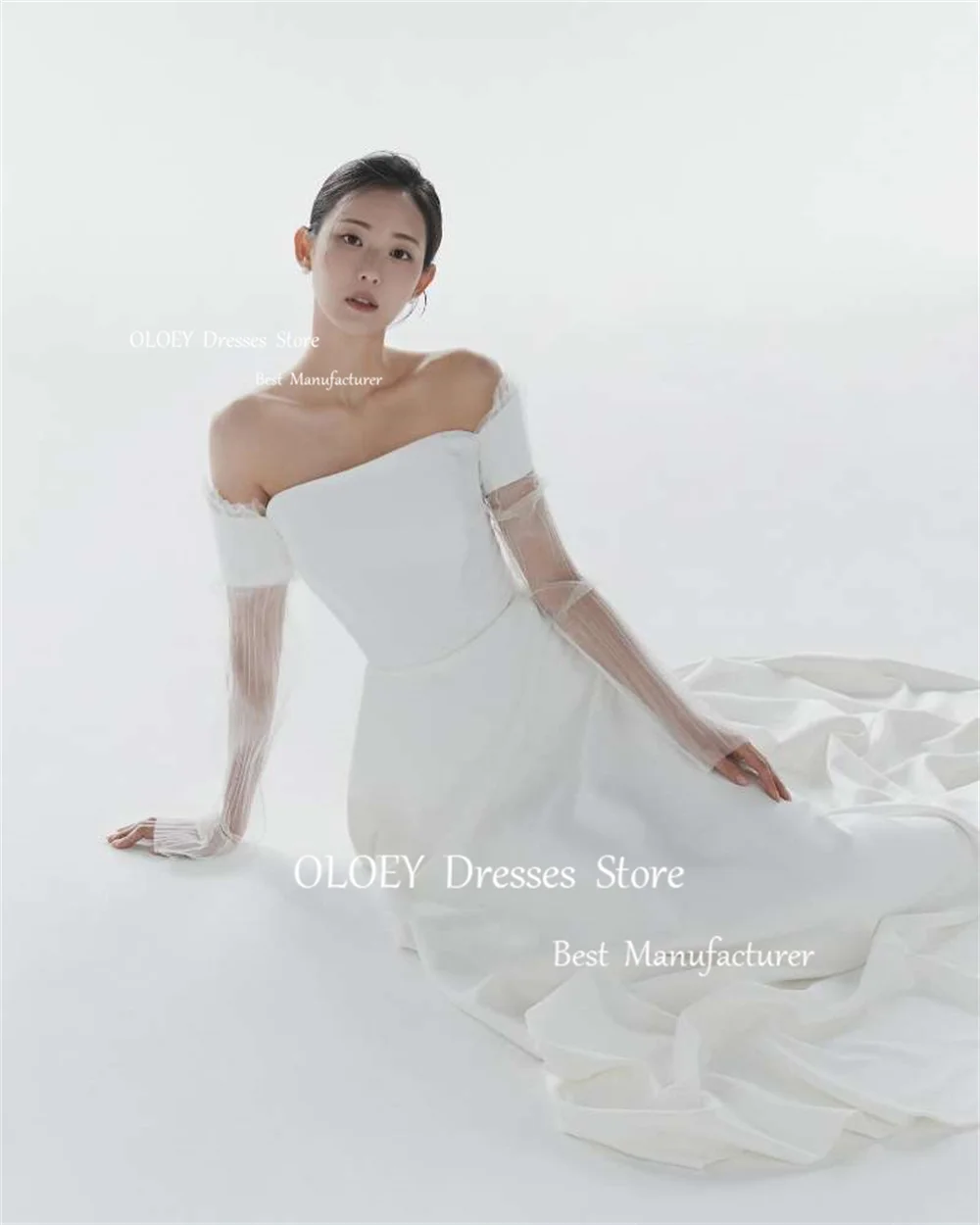 OLOEY Ivory Wedding Dresses Photo Shoot Floor Length Strapless Satin Elegant Bridal Gowns Long Sleeves Custom Zip/Lace Up Back