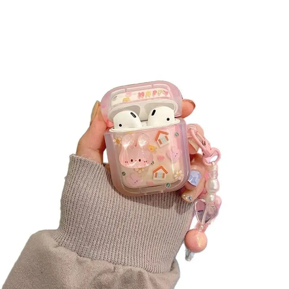 

TPU Earphone Case Love Heart Beads Pendant Soft Protective Shell 3D Rabbit Protector for Airpods 4/3/2/1/Pro2/Pro