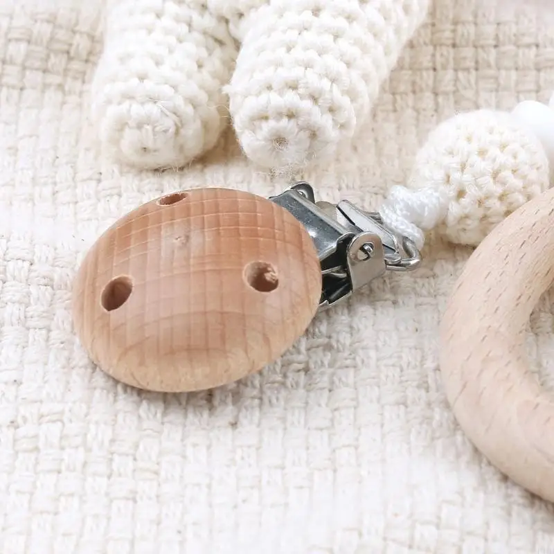 Pacifier Clip Teether Rattle Infant Crochet Rabbit Rattle Handbell Toddler Gym Toy Rattle Teething Gift for Baby Newborn P31B