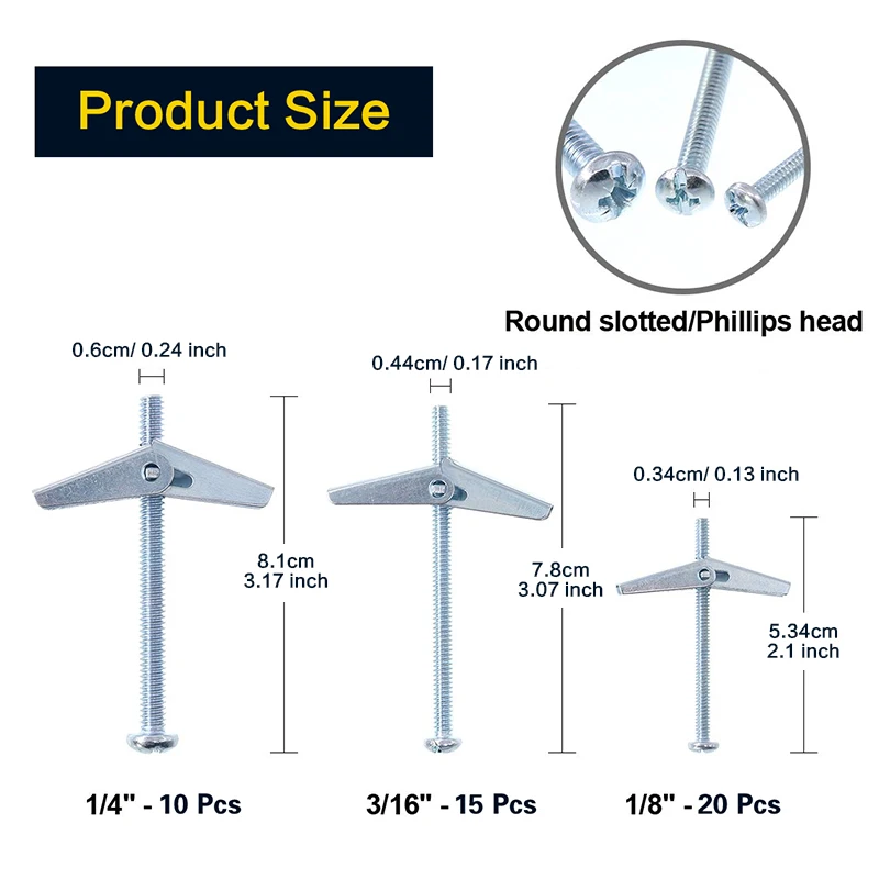 Heavy Duty Hollow Wall Anchors for Drywall Ceiling, Toggle Bolts and Wing Nut Kit, 3 Sizes Butterfly Anchors (1/8,3/16,1/4in)